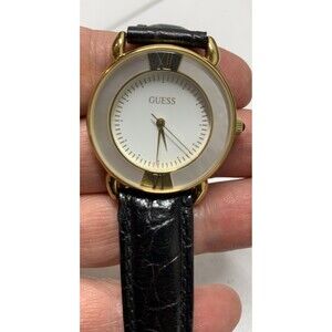 Vintage GUESS Women's Gold Tone Mother of Pearl Dial Watch Black Leather Band
